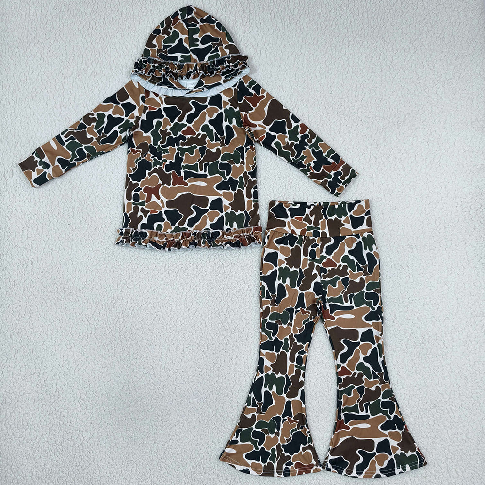 Baby Girls Clothes Dark Brown Camo Ruffle Hoodies Bell Bottom Pants Sets GLP3078