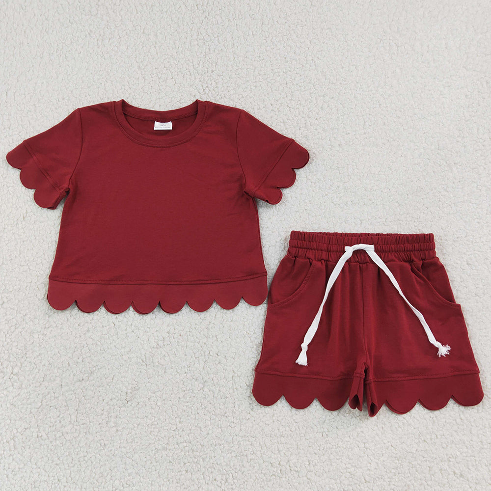 Baby Girls Clothes Short Sleeve Maroon Top Short Cotton Scallop Clothes Sets GSSO3778