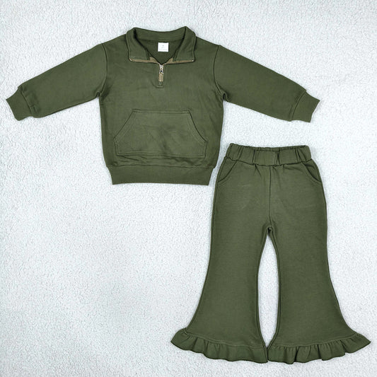 Baby Girls Clothes Olive Zip Pockets Top Ruffle Flare Pant Sweater Clothes Set GLP3492