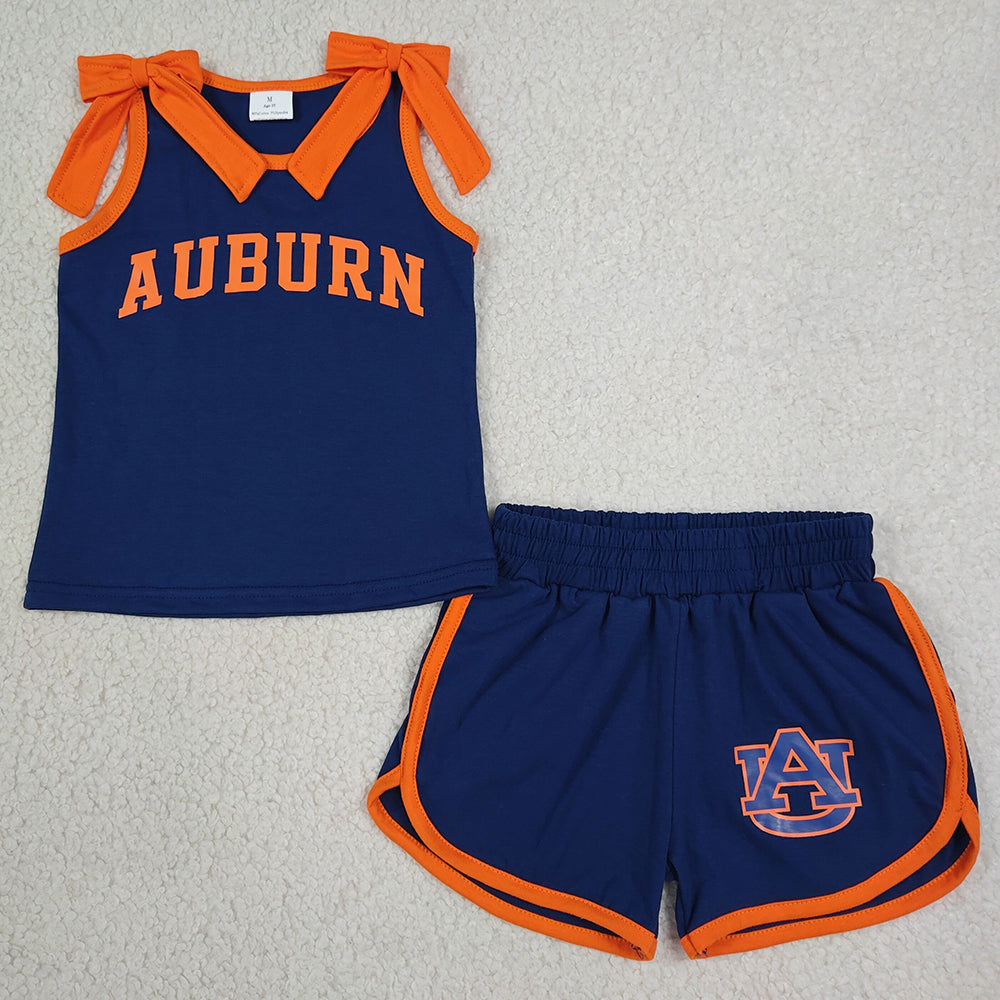 Baby Girls Clothes Orange Bows Navy Vinyl AUBURN Top Short Team Clothes Sets GSSO3828