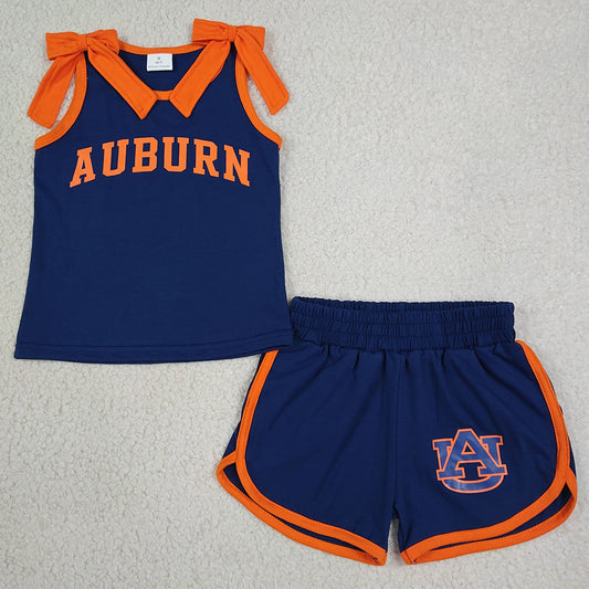 Baby Girls Clothes Orange Bows Navy Vinyl AUBURN Top Short Team Clothes Sets GSSO3828