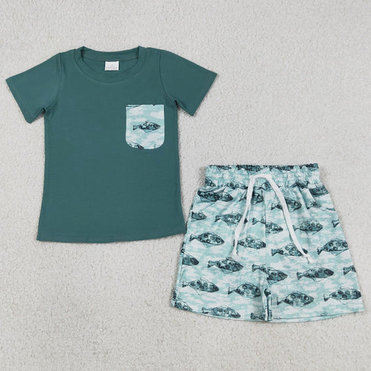 Baby Boys Clothes Dark Green Short Sleeve Shirts Top Fishes Shorts Hunting Clothes Sets BSSO0838