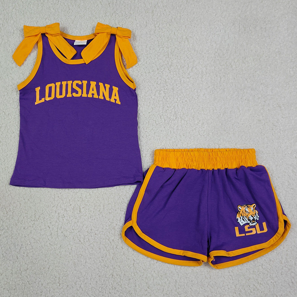 Baby Girls Clothes Orange Purple Bows Vinyl Louisiana Top Short Team Clothes Sets GSSO3832