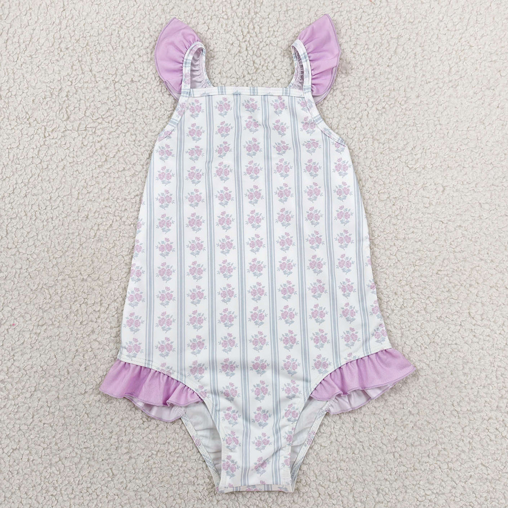 Baby Girls Swimsuits Flutter Sleeve Flowers Back Bows One-Piece Swimsuits S0643