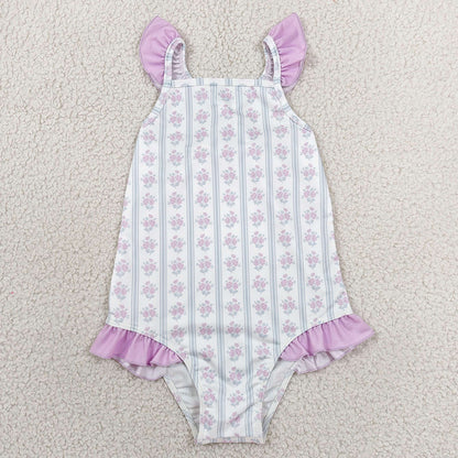 Baby Girls Swimsuits Flutter Sleeve Flowers Back Bows One-Piece Swimsuits S0643