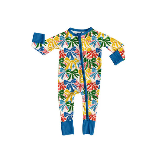 Preorder(moq 8)Baby Girls Colorful Bows Plaid Zipper Footie Rompers 9.29