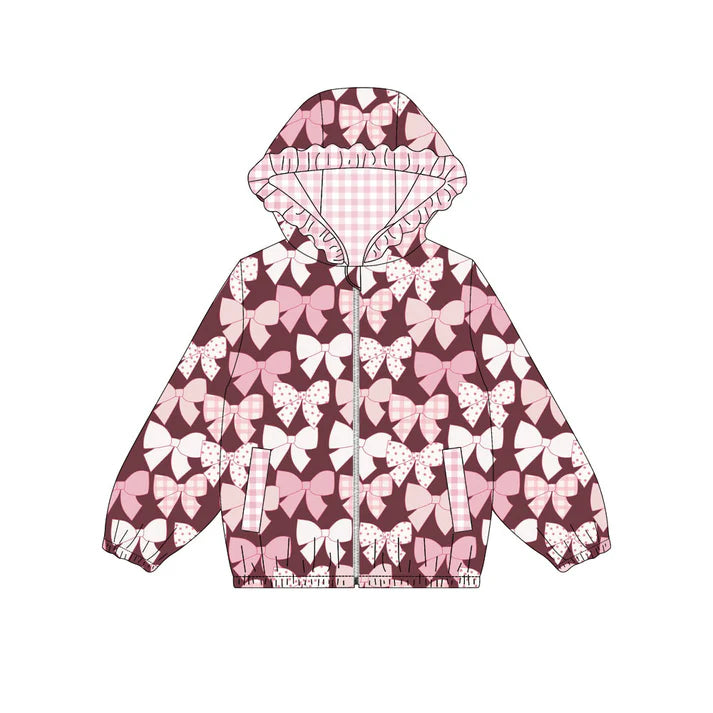 Preorder (moq 5)Baby Girls Pink Bows Pockets Zipper Valentine Ruffle Hoodies Top 9.3
