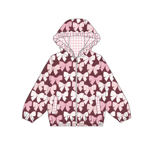 Preorder (moq 5)Baby Girls Pink Bows Pockets Zipper Valentine Ruffle Hoodies Top 9.3