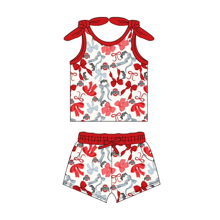 Preorder MOQ 5 pcs sleeveless red O bow top shorts girls team clothes 8.26