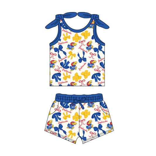 Preorder MOQ 5 pcs sleeveless K U blue bow top shorts girls team clothes 8.23