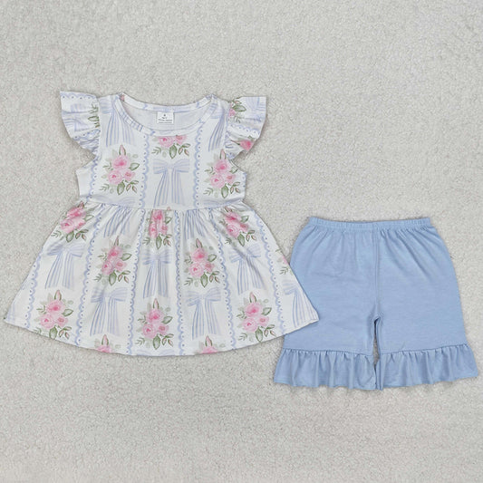 Baby Girls Clothes Pink Flowers Bows Tunic Tops Shorts Sets GSSO2052