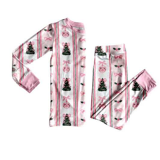 Preorder (moq 8)Baby Girls Pink Bows Trees Holly Stripe Christmas Pajamas Sets 9.24