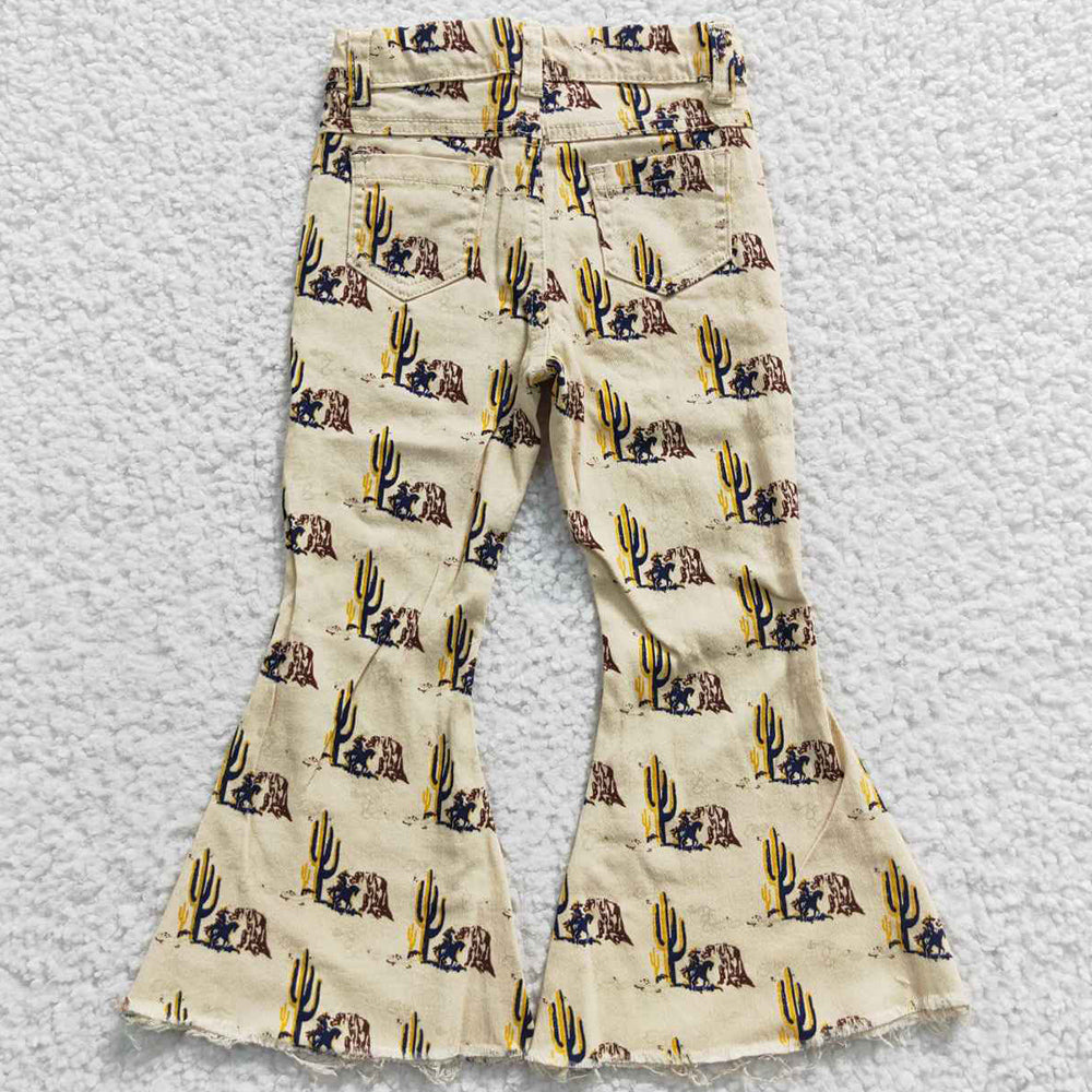 Boutique Baby Girls Jeans Pants Western Cactus Horse Denim Bell Pants P0074