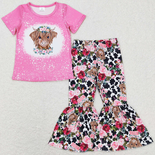 Baby Girls Clothes Flowers Highland Cow Shirt Bell Bottom Outfits GSPO1024