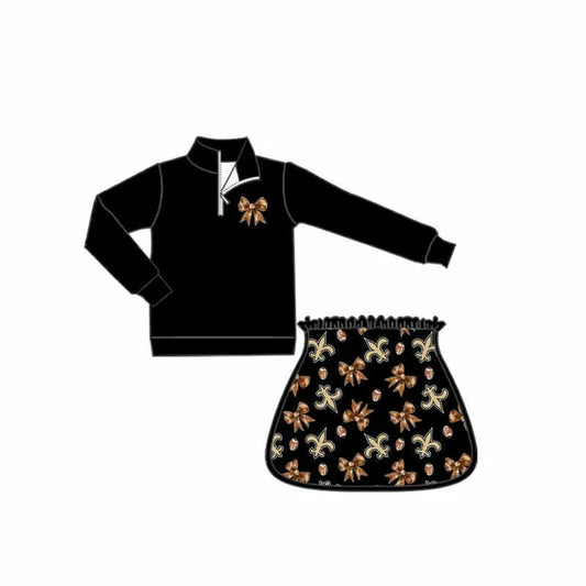 Preorder (moq 5)Baby Girls Black Bows Zip Pullovers Footballs Tridend Skort Team Clothes Sets 8.13