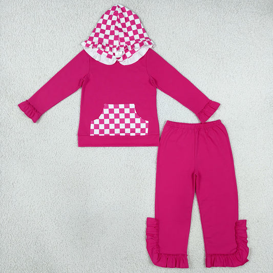 Baby Girls Clothes Hot Pink Checked Pocket Hoodie Ruffle Pant Clothes Set GLP3709