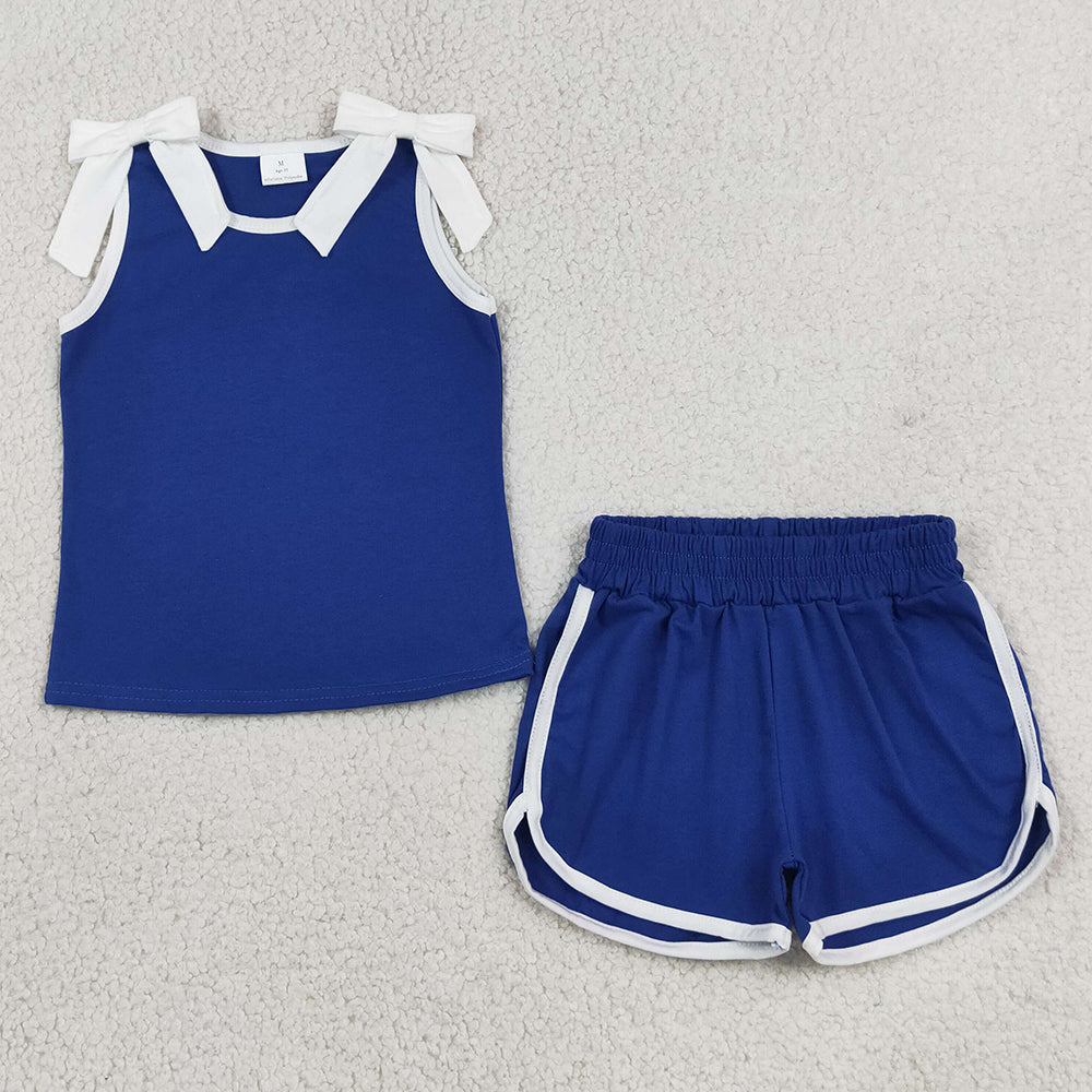 Baby Girls Clothes White Bows Hot Blue Sleeveless Top Short Clothes Sets GSSO3824