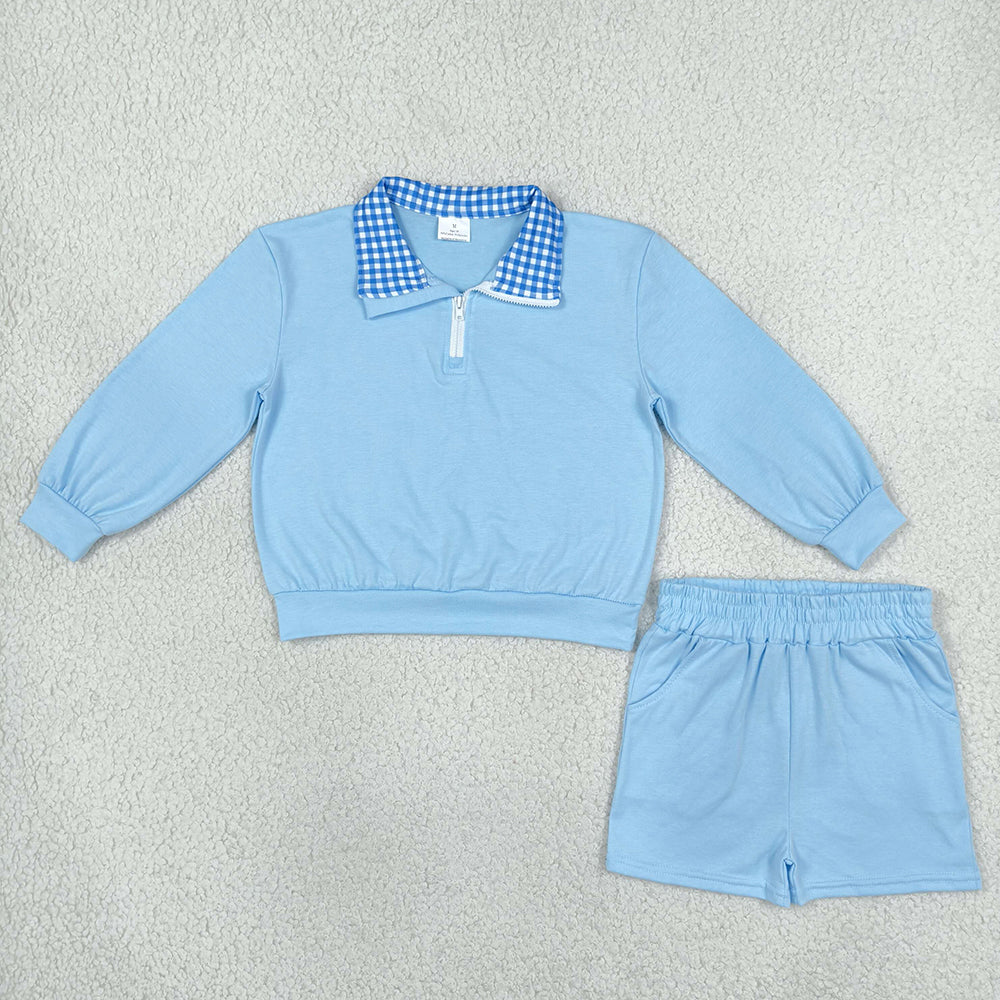 Baby Girls Blue Long Sleeve Zip Pullover Pockets Short Clothes Set GLS0226