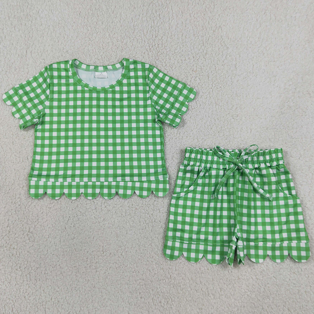 Baby Girls Clothes Green Checked Shirt Top Pockets Short Scallop Clothes Set GSSO3840