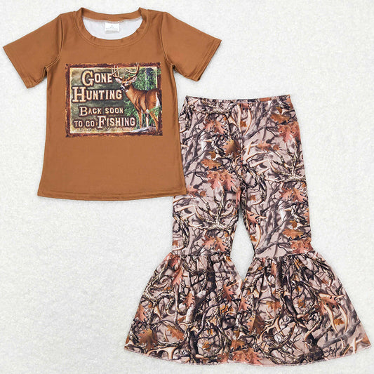 Baby Girls Clothes Gone Hunting Brown Top Camo Bell Pants Sets GSPO1272