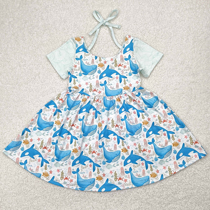 Baby Girls Dress Blue Whale Short Sleeve Knee Length Dresses GSD2011 4.9