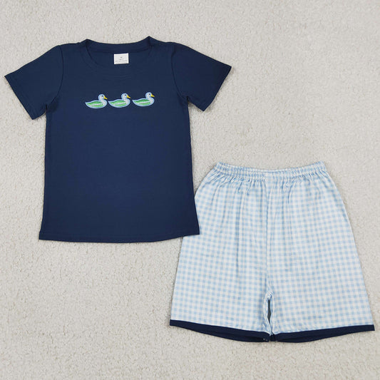 Baby Boys Clothes Embroidery Ducks Navy Top Checked Short Hunting Clothes Sets BSSO1938
