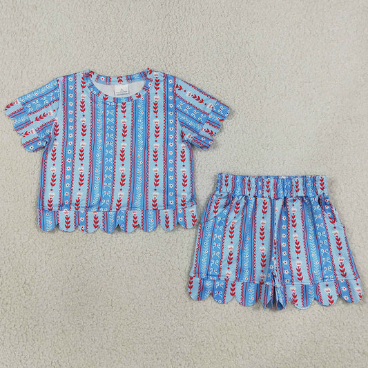 Baby Girls Clothes Bows Flowers Stripe Top Pockets Short Scallop Clothes Sets GSSO3554