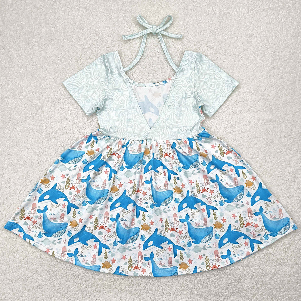 Baby Girls Dress Blue Whale Short Sleeve Knee Length Dresses GSD2011 4.9