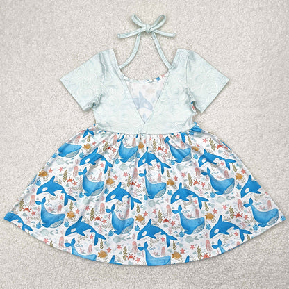 Baby Girls Dress Blue Whale Short Sleeve Knee Length Dresses GSD2011 4.9