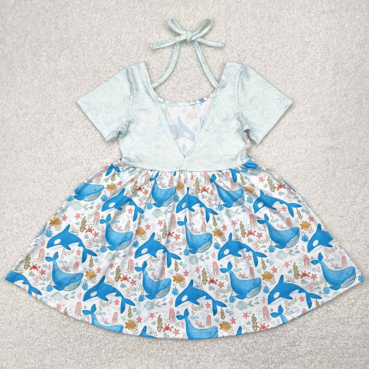 Baby Girls Dress Blue Whale Short Sleeve Knee Length Dresses GSD2011 4.9