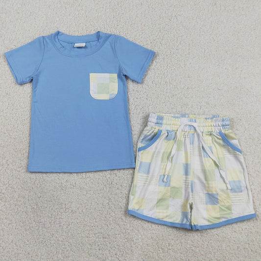 Baby Boys Clothes Blue Short Sleeve Shirt Top Pockets Checked Short Clothes Sets BSSO1950