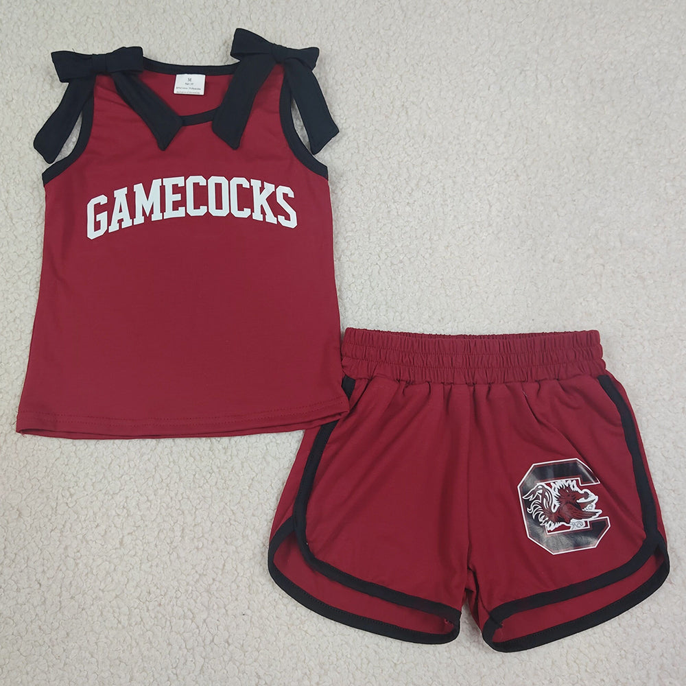Baby Girls Clothes Black Bows Maroon Vinyl Gamecock Top Short Team Clothes Sets GSSO3835