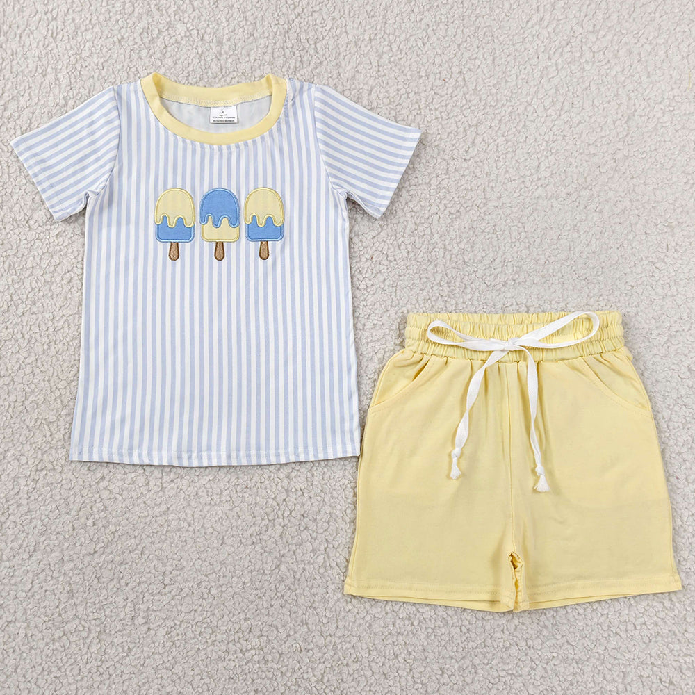 Baby Boys Clothes Embroidery Popsicle Blue Stripe Top Pockets Short Clothes Sets BSSO1975