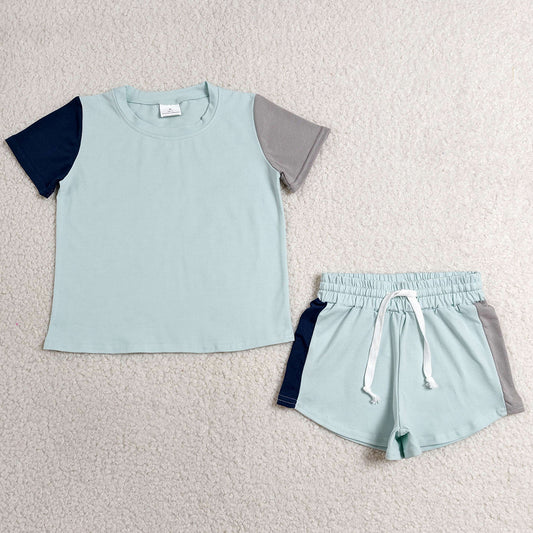 Baby Boys Clothes Short Sleeve Blue Grey Patchwork Shirt Top Short Clothes Set BSSO2013