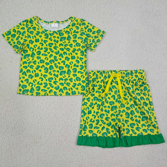 Baby Girls Clothes Light Green Leopard Tops Pockets Ruffle Short Clothes Sets GSSO3812