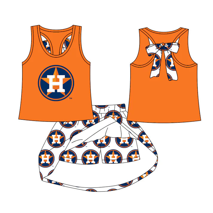 Preorder (moq 5)Baby Girls Huston bow vest team Top Skirt Skort Sets 7.21