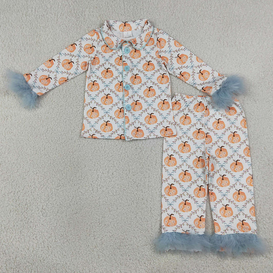Baby Girls Pajamas Flowers Pumpkins Button Top Pants Fall Fur Sleeves Pajamas Sets GLP3338