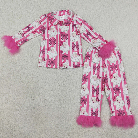Baby Girls Pajamas Pink Stripe Bows Santa Button Top Pant Christmas Fur Sleeves Pajamas Sets GLP3478