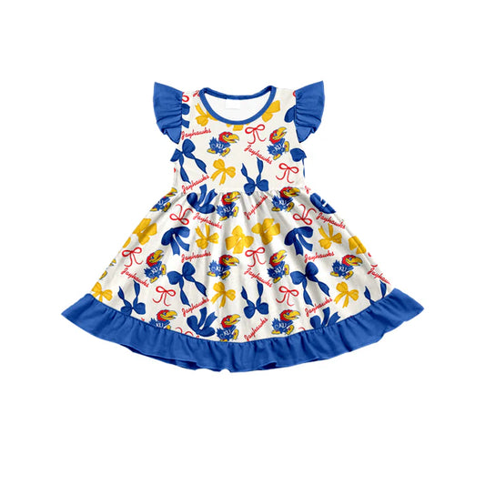 Preorder (moq 5) flutter sleeves K U blue bows girls team dress 8.22