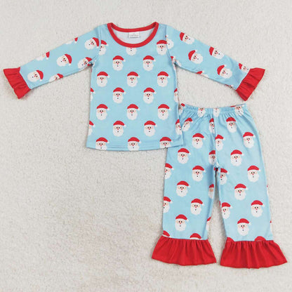 Baby Girls Pajamas Christmas Blue Red Santa Claus Shirt Top Ruffle Pants Pajamas Sets GLP1277