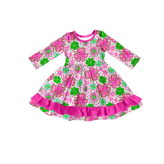 Preorder(moq 8)Baby Girls Pink Green Clovers Flowers St Patrick Ruffle Knee Length Dress 9.29