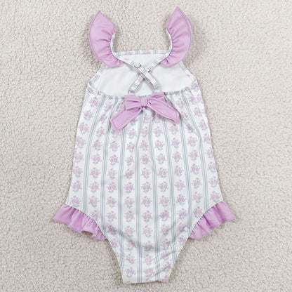 Baby Girls Swimsuits Flutter Sleeve Flowers Back Bows One-Piece Swimsuits S0643
