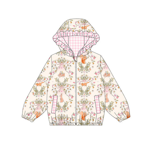 Preorder (moq 8)Baby Girls Flowers Rabbits Squirrels Pockets Zipper Easter Ruffle Hoodies Jackets Top 9.12