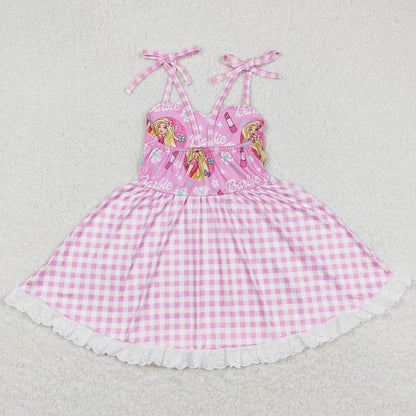 Baby Girls Dress Lace Straps Checkered Knee Length Dresses GSD0526