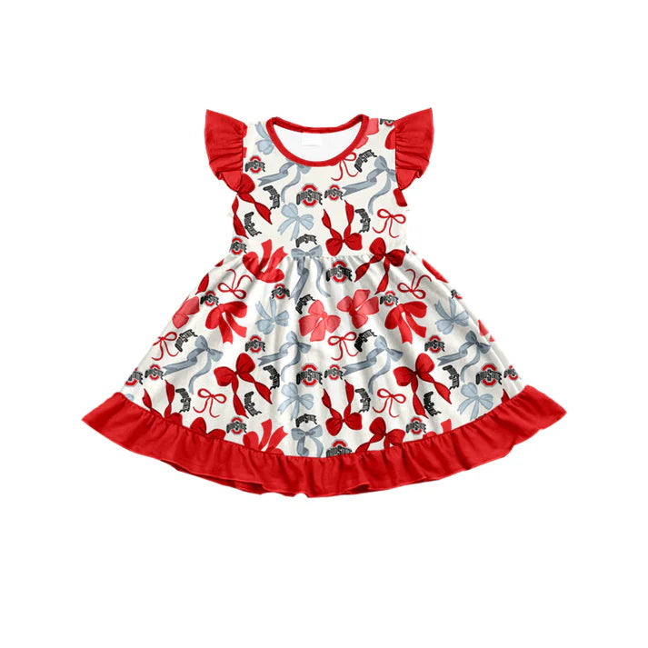 Preorder (moq 5) flutter sleeves red O bows girls team dress 8.26