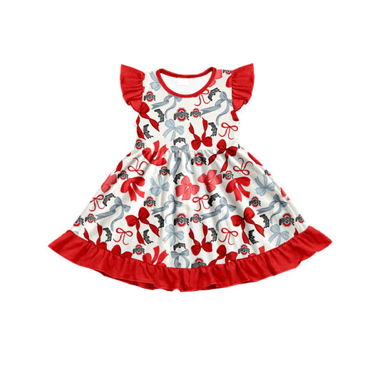 Preorder (moq 5) flutter sleeves red O bows girls team dress 8.26