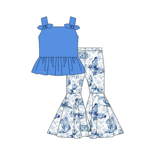 Preorder moq 5 Baby Girls Hot Blue Strap Bows Tunic Floral Butterfly Bell Bottom Pants Set 4.30