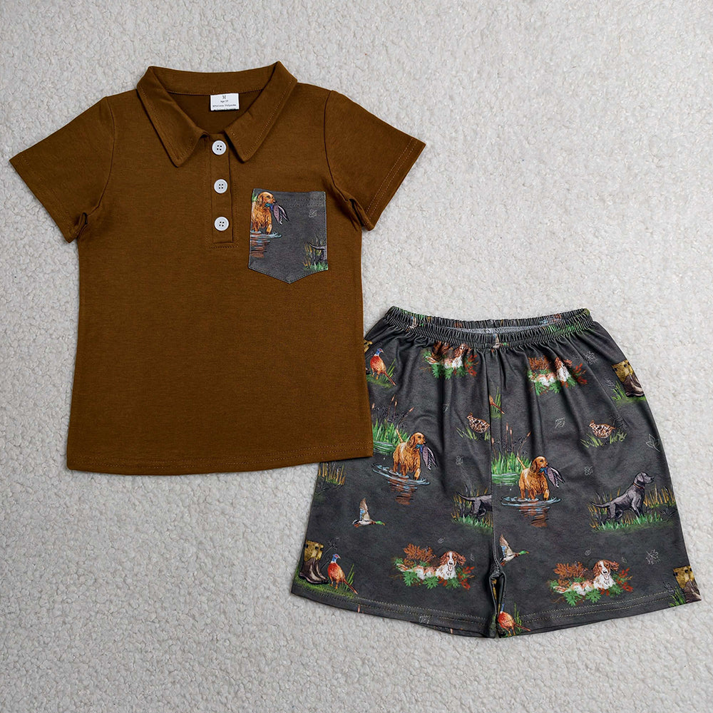 Baby Boys Clothes Button Pocket Polo Shirt Top Duck Dogs Short Hunting Clothes Set BSSO2014