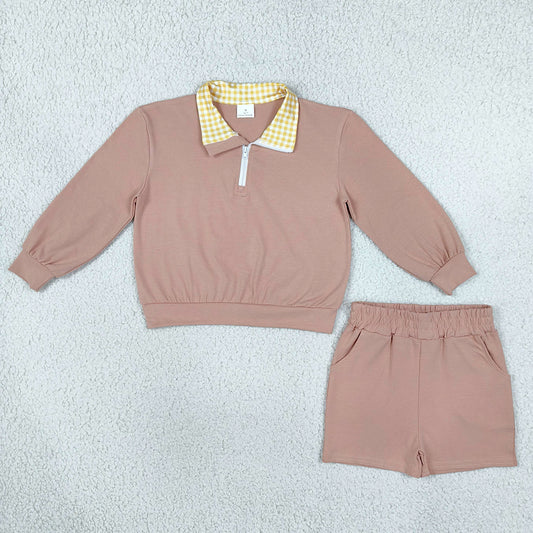 Baby Girls Khaki Long Sleeve Zip Pullover Pockets Short Clothes Sets GLS0227