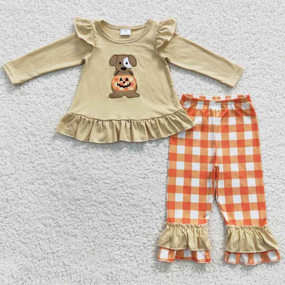 Boutique Girls Clothing Halloween Pumpkin Embroidery Kids Sibling Clothing Sets GLP0433